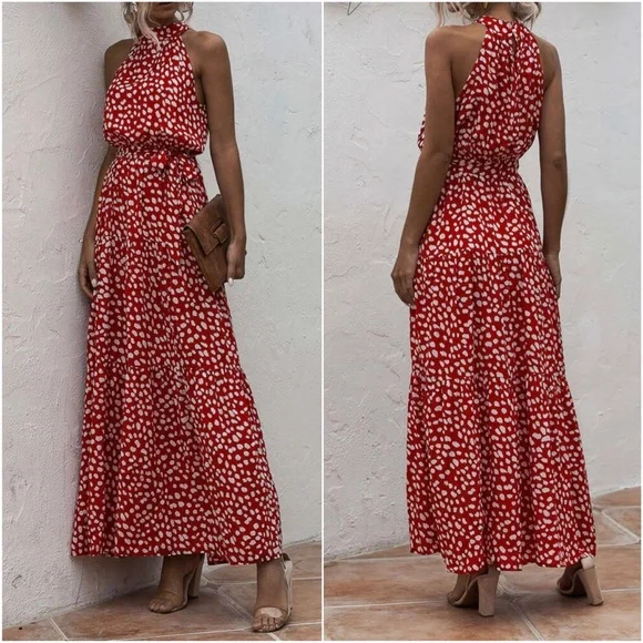Boho Red White leopard Print Halter Ruffle Maxi Dress - Picture 11 of 13